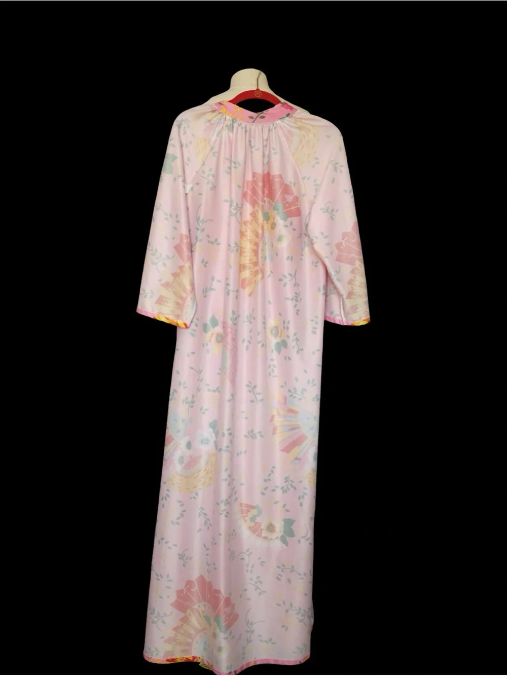 1970s Pink Japanese Fan Floral Housedress Maxi Robe Kaftan Tie Neck Vintage - Picture 5 of 14